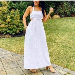 White sleeveless ruched side cut out midi dress